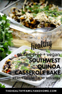 Gluten-Free Vegan Southwest Quinoa Casserole Bake on a white plate on a wooden surface with text overlay