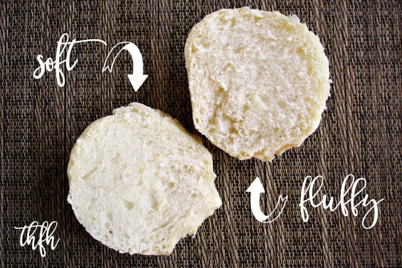 An image showing the insides of The BEST Homemade Vegan Egg-Free "Hamburger" Bun sliced in half showing the fluffy inside with text description