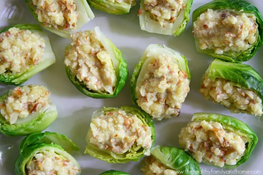 Close-up image of stuffed Brussels sprouts on a white plate