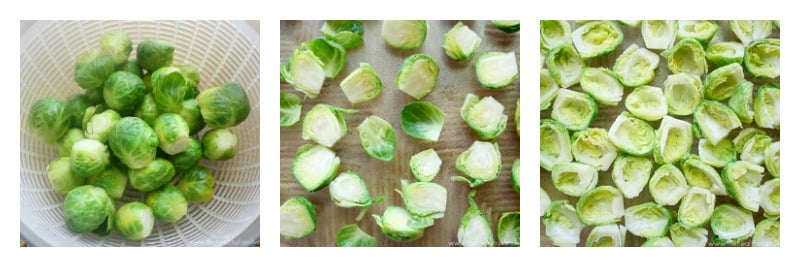 Collage of three photos of whole Brussels sprouts, cut in half, and insides removed