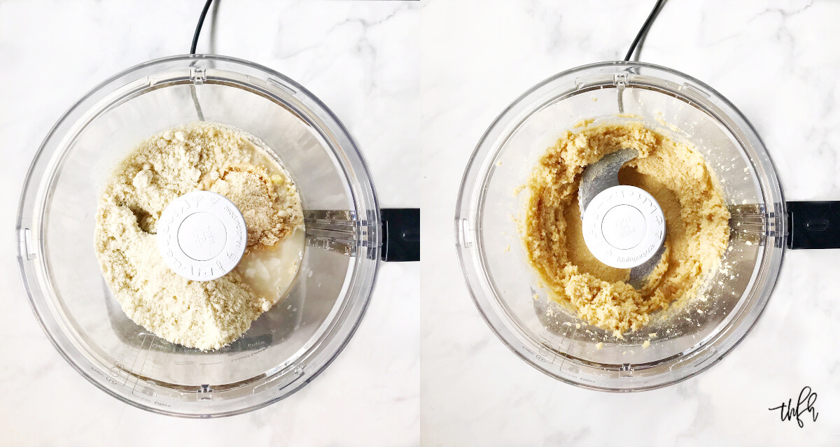Side-by-side images of a food processor with ingredients before processing and after to make lemon balls