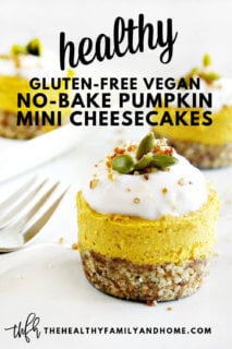 An individual Gluten-Free Vegan No-Bake Pumpkin Mini Cheesecake topped with homemade whipped coconut cream with several other cheesecakes in the background with text overlay