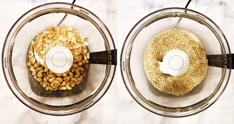 Two images of a food processor filled with cashews and coconut to make Gluten-Free Vegan Flourless Coconut Cashew Cookies recipe