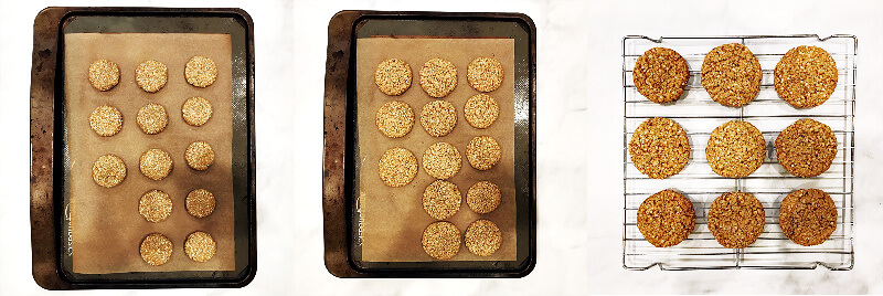 Three images showing How To Make Gluten-Free Vegan Flourless Coconut Cashew Cookies of the cookies before and after baking them and cooling them on a cookie rack