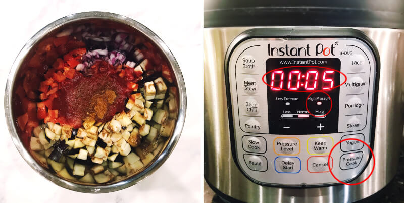 Dual image of Vegan Eggplant Onion and Tomato Stew ingredients in an Instant Pot and the dashboard of the Instant Pot showing the settings