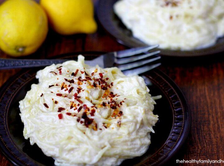 Clean Eating Spaghetti Squash with Creamy Lemon Garlic Sauce - Vegan, Gluten-Free, Dairy-Free, Paleo-Friendly | The Healthy Family and Home