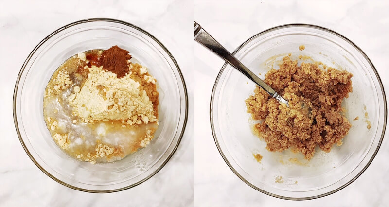 Image showing two bowls with before and after images of adding and mixing the ingredients to a glass bowl to make Gluten-Free Vegan Chocolate Covered Pumpkin Spice Cookies