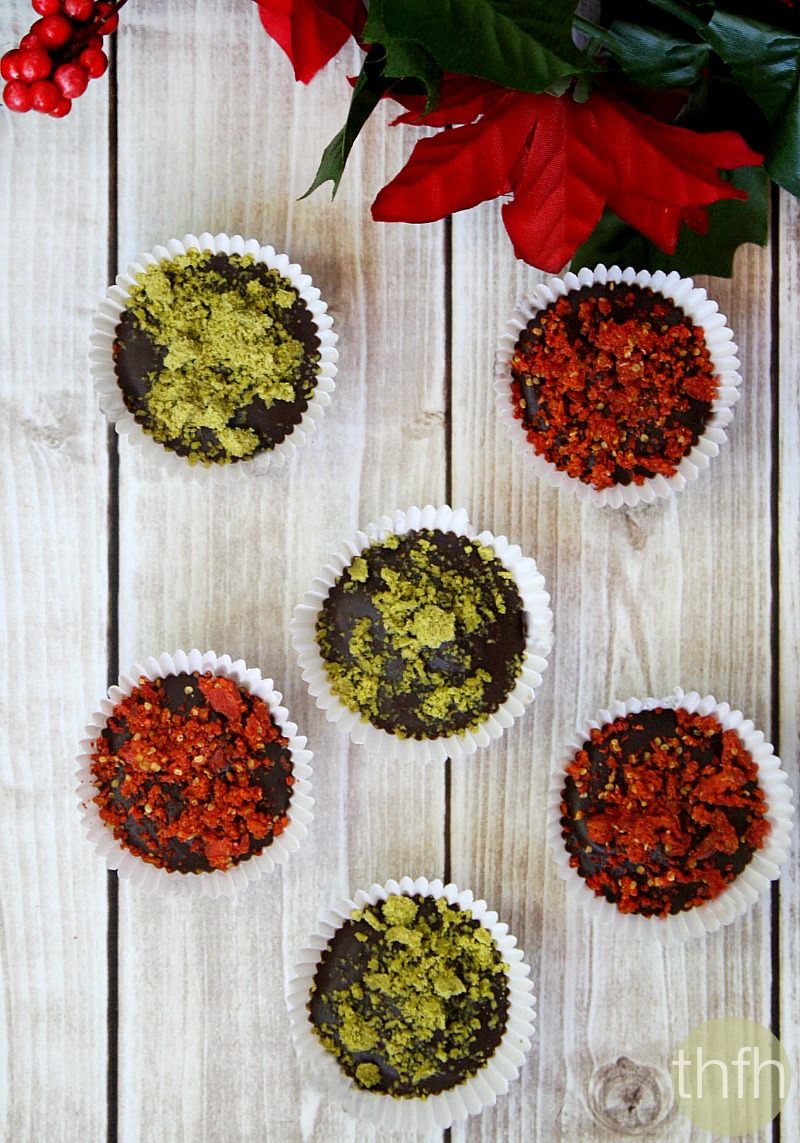 Overhead view of Gluten-Free Vegan No-Cook Dark Chocolate Cups with Pistachios and Goji Berries on a white wooden surface with Christmas follage in the background