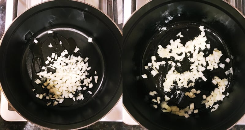 Step-by-step instructions showing onions before and after sauteing