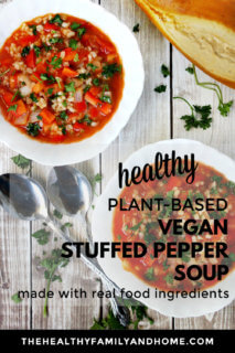 Overhead image of The BEST Gluten-Free Vegan Stuffed Pepper Soup in two white bowls on a wooden surface with text overlay