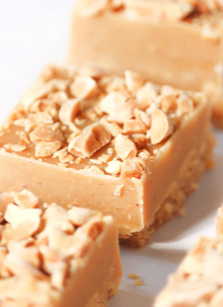 Square image of a couple of squares of peanut butter fudge lined up on a solid white background