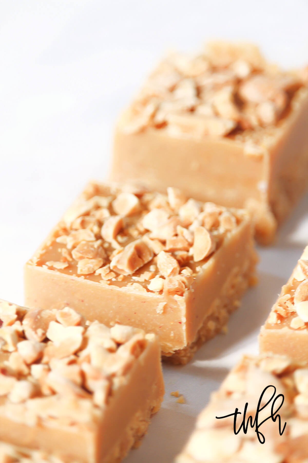 Several squares of peanut butter fudge lined up on a solid white background