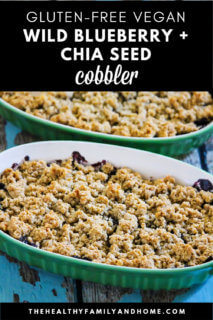 Vertical image of two green baking dishes side by side filled with blueberry cobbler on a weathered wood surface with text overlay