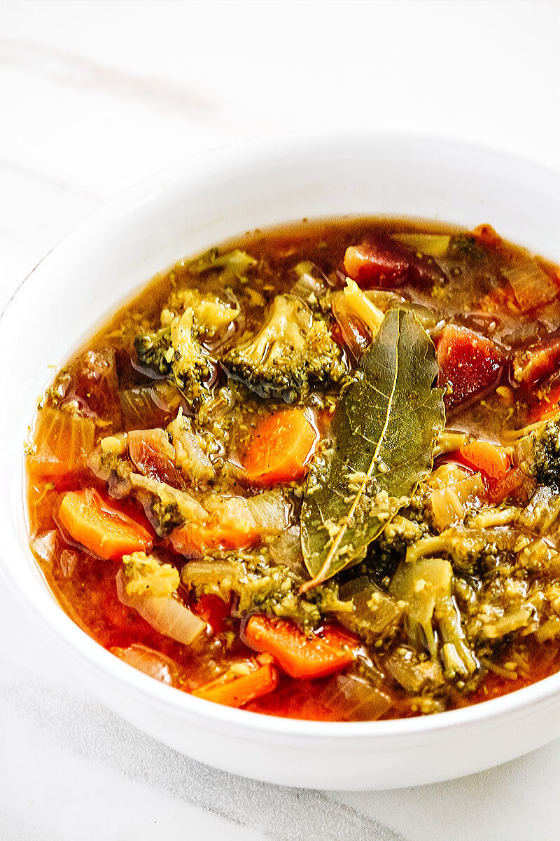 Vertical image of Dr. Group's Liver Cleanse Detox Soup on a white marbled background