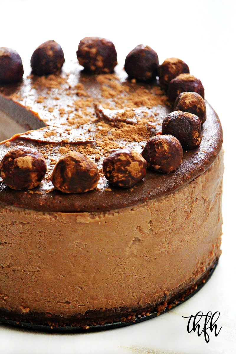 This Gluten-Free Vegan No-Bake Chocolate Peanut Butter Cheesecake recipe is a healthy yet decadent dessert! Raw, Vegan, Gluten-Free, Dairy-Free, Egg-Free, Soy-Free, No-Bake and No Refined Sugar! | The Healthy Family and Home #rawfoods #vegan #dairyfree #glutenfree #grainfree #dessert #cheesecake #vegancheesecake #chocolate #peanutbutter #healthyrecipe #healthydessert #nobake #nobakedessert #recipe #healthyrecipes #healthy