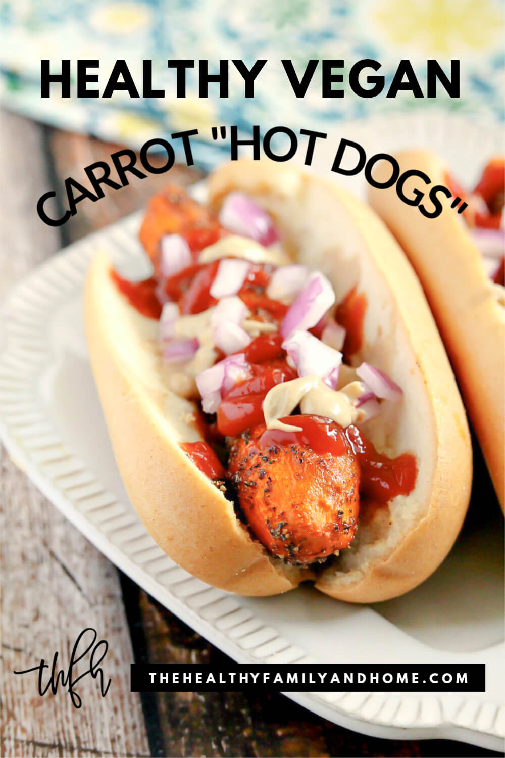 Two Gluten-Free Vegan Healthy Carrot "Hot Dogs" on a cream plate on a wooden background with text overlay