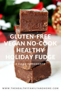 Stack of 4 Gluten-Free Vegan No-Cook Healthy Holiday Fudge squares on a white marble surface with Pinterest text overlay