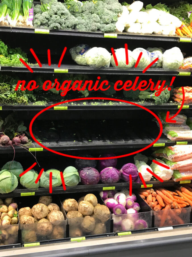 Image of produce section of grocery store with organic celery section sold out with text description