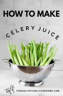 Vertical image of organic celery in a stainless steel colander on a white marble background with text overlay