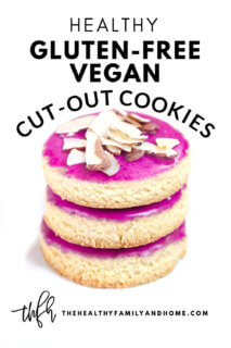 Vertical view of a stack of 3 Gluten-Free Vegan Flourless Iced Cut-Out Cookies on a white background with text overlay