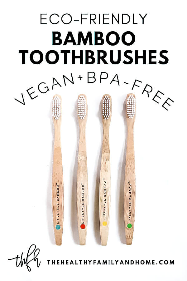 Set of 4 LIFESTYLE BAMBOO Eco-Friendly Bamboo Toothbrushes on a white background with text overlay