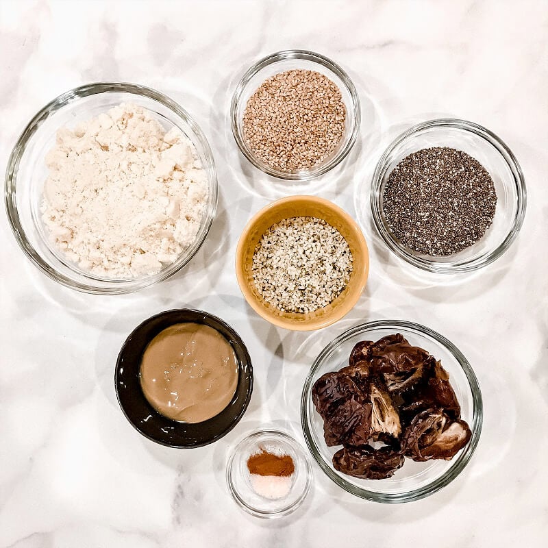 Overhead view of ingredients needed to make Gluten-Free Vegan Healthy Triple Seed Energy Balls