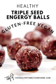 Vertical view of Gluten-Free Vegan Healthy No-Bake Triple Seed Energy Balls on a white surface with text overlay