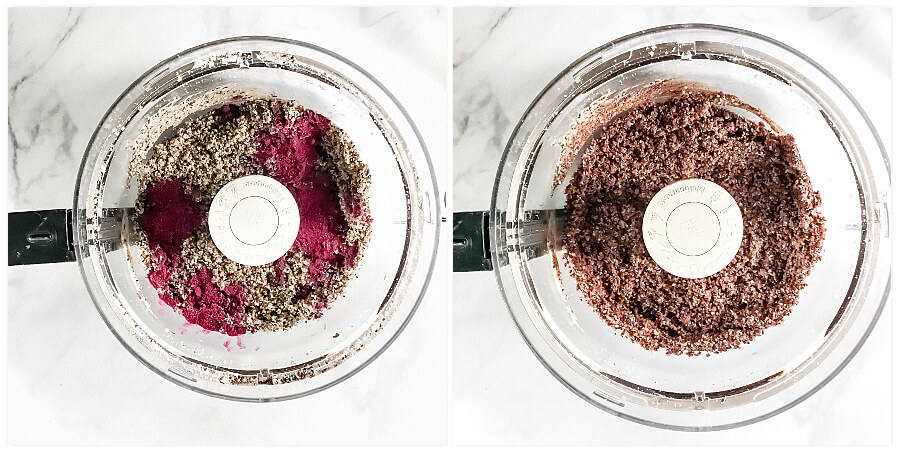 Overhead view of a food processor showing step 2 of making Gluten-Free Vegan Healthy Triple Seed Energy Balls