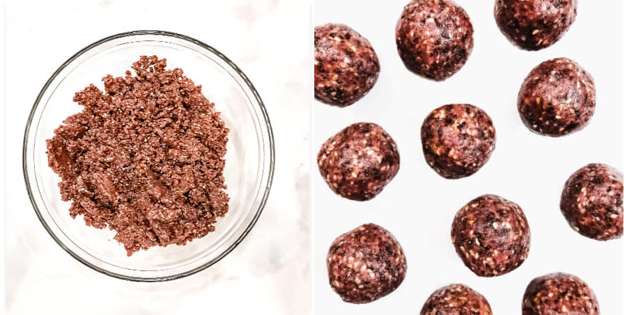 Overhead view of a food processor of step 3 of how to make Gluten-Free Vegan Healthy Triple Seed Energy Balls