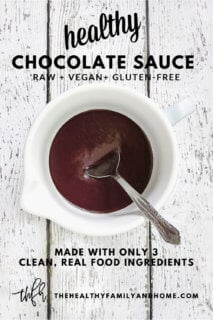 Overhead vertical image of The BEST Gluten-Free Vegan Raw Chocolate Sauce in a white bowl on a white wooden surface with text overlay