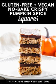 Four Gluten-Free Vegan No-Bake Crispy Pumpkin Spice Squares stacked on top of each other on a small grey plate with a small pumpkin in the background and text overlay