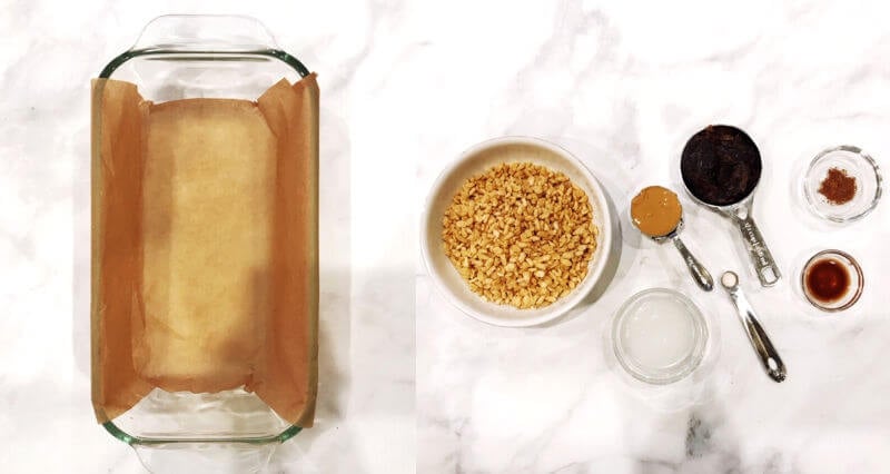 Image showing two steps to make Gluten-Free Vegan No-Bake Crispy Pumpkin Spice Squares with a prepared loaf pan lined with parchment paper and an image of all the measured ingredients needed to make the recipe