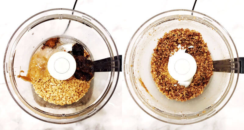 An image of before and after photos of a food processor with ingredients to make Gluten-Free Vegan No-Bake Crispy Pumpkin Spice Squares before and another image showing after being processed