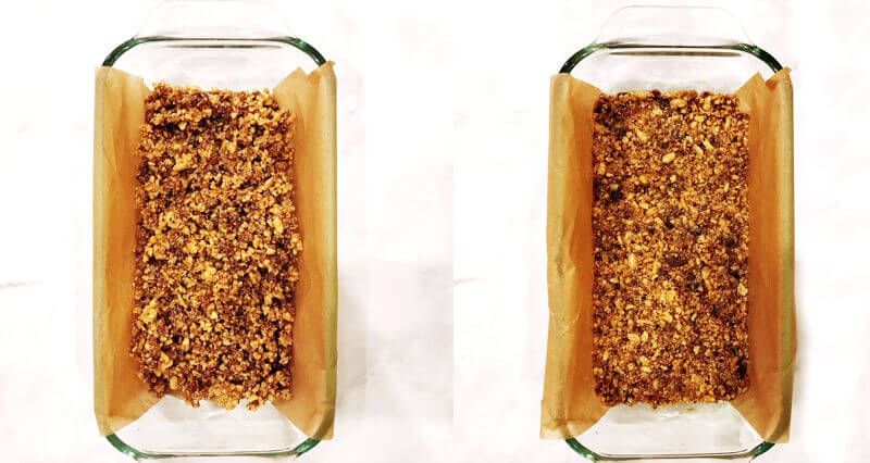 An image showing before and after photos of the crispy pumpkin pie spice crust being added to a loaf pan lined with parchment paper and after it has been pressed down firmly