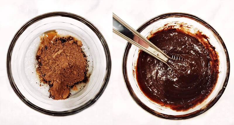 Step-by-step photos showing the ingredients for the chocolate topping in a bowl before mixing and another image showing the ingredients in a bowl after they've been mixed together