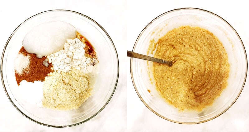 Overhead image of two glass bowls showing the ingredients needed to make Gluten-Free Vegan Flourless Peach Cobbler before mixing them and other after
