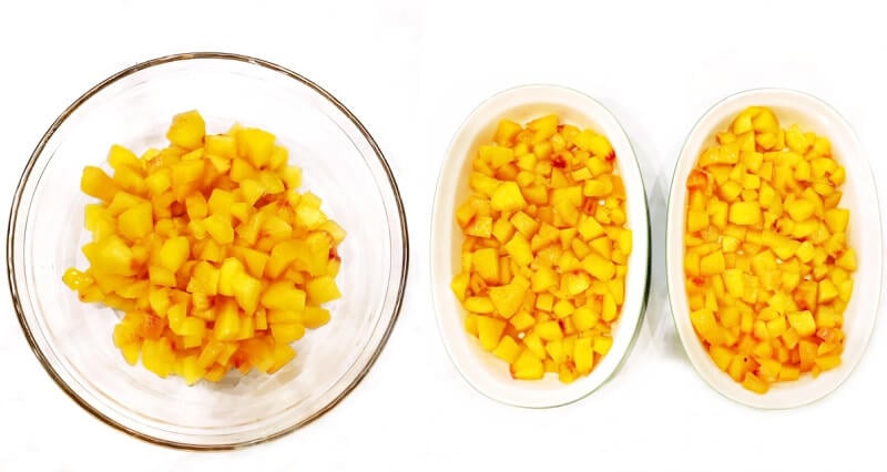 Step-by-step instructions showing cubed peaches in a large glass bowl and another image showing them spread evenly into two 9-inch oval baking dishes