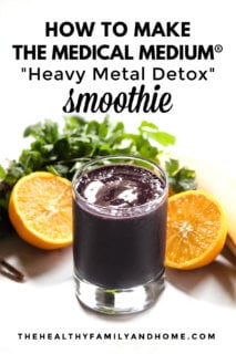 A glass filled with dark purple smoothie surrounded by fruits and veggies with text overlay
