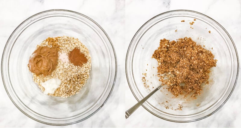 Side-by-side images showing how to make Gluten-Free Vegan No-Bake Pumpkin Spice Granola Bars with ingredients unstirred in a glass bowl and another image with ingredients stirred in a glass bowl