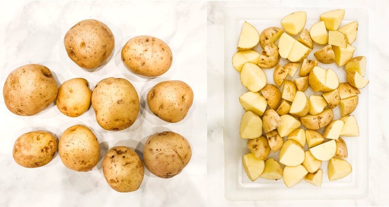 Side-by-side instructions showing how to make Gluten-Free Vegan Turmeric and Black Pepper Mashed Potatoes with one image of uncut potatoes and another images showing the potatoes cut into cubes