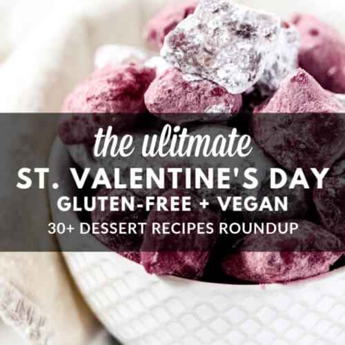 Close up image of a white decorative bowl filled with a Valentine's Day dessert with text overlay