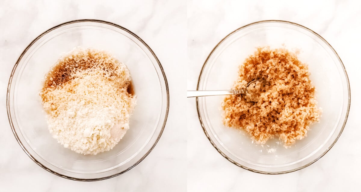 Side-by-side images of two glass bowls with the ingredients for coconut eggs before being mixed together and after