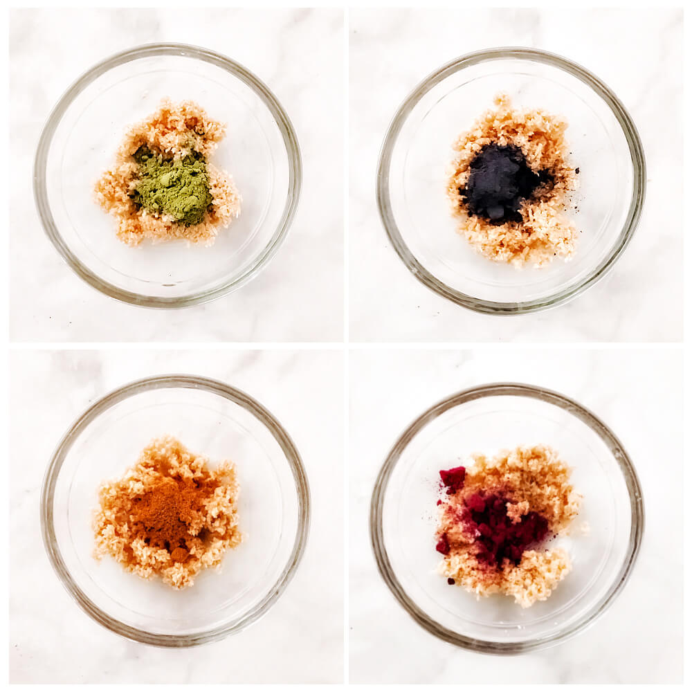 Four small glass bowls filled with coconut filling and different natural colored powders in each bowl 