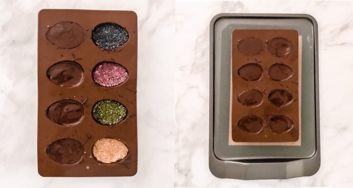 Side-by-side images of a silicone egg mold partially filled with colored coconut filling and chocolate and another completely filled