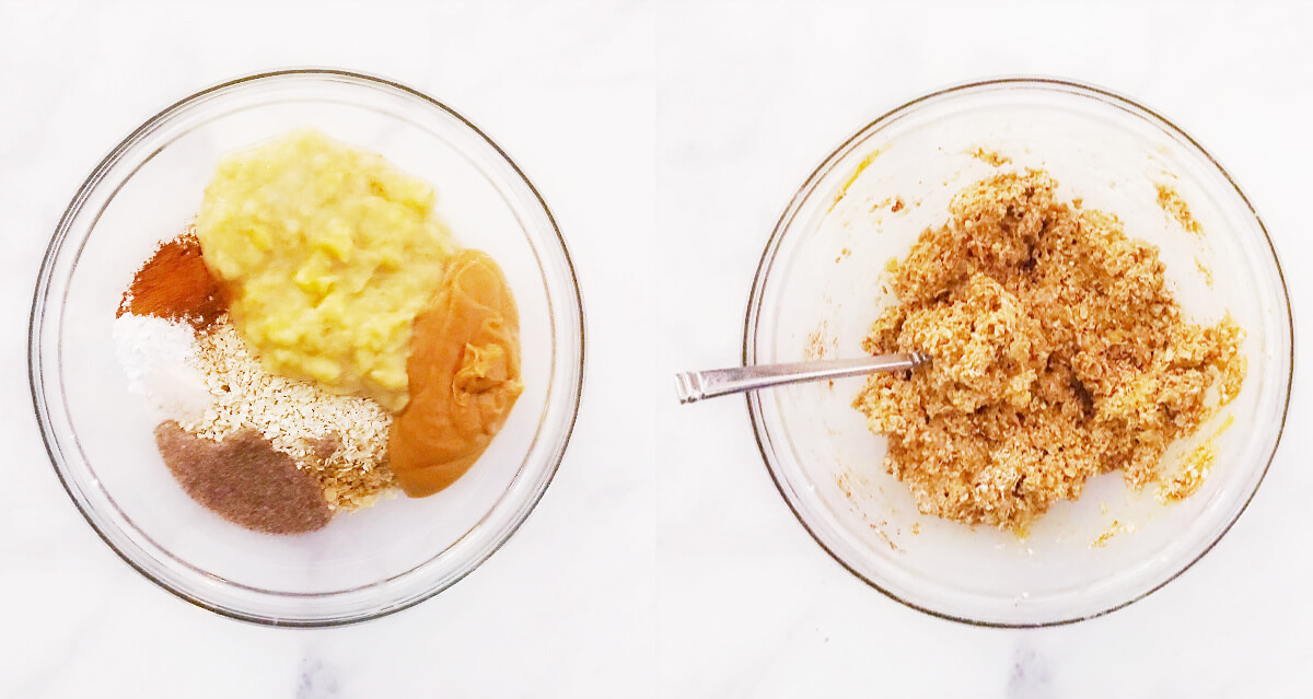 Side-by-side image of mixing bowls with ingredients to make baked oatmeal squares before and after mixing together