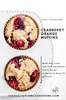 Overhead image of two cranberry orange muffins in a decorative muffin pan on a white background with text overlay