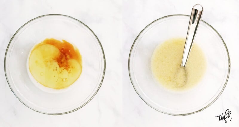 Overhead image of wet ingredients before and after mixing together
