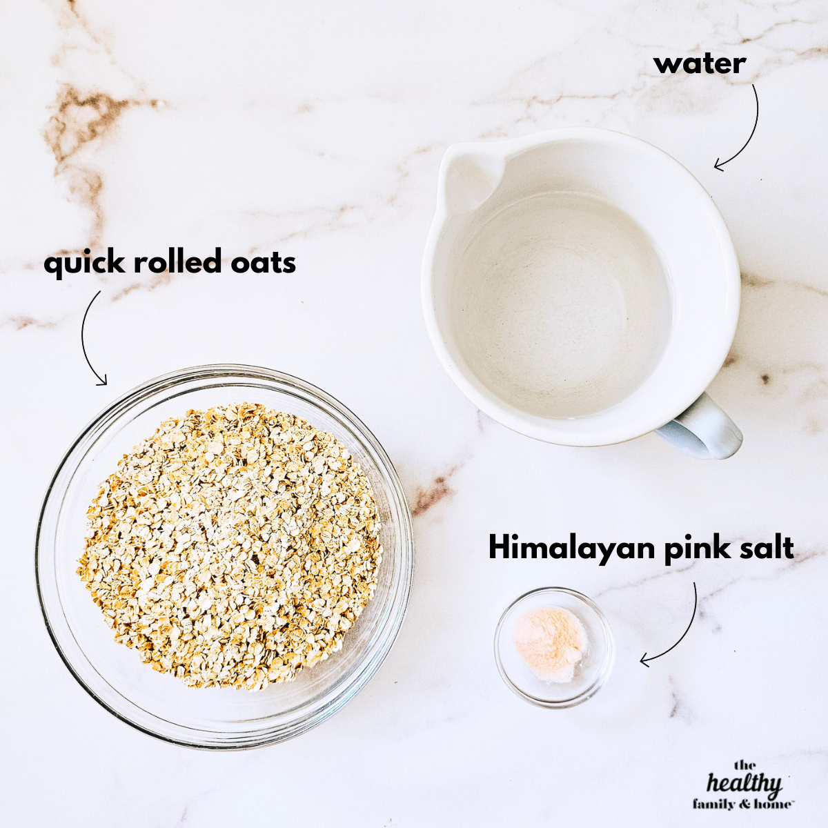 Overhead image of the labeled ingredients needed to make gluten-free vegan oat tortillas.