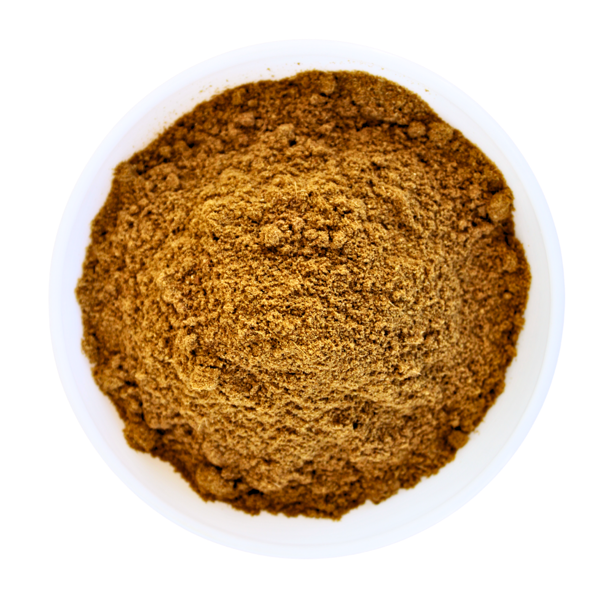 Overhead image of a small white bowl filled with ground cumin.